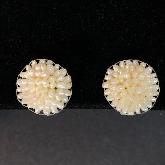 Vintage Pearl Earrings, Clip-on Cluster of Mini Pearls White Bridal Regency - Picture 1 of 6